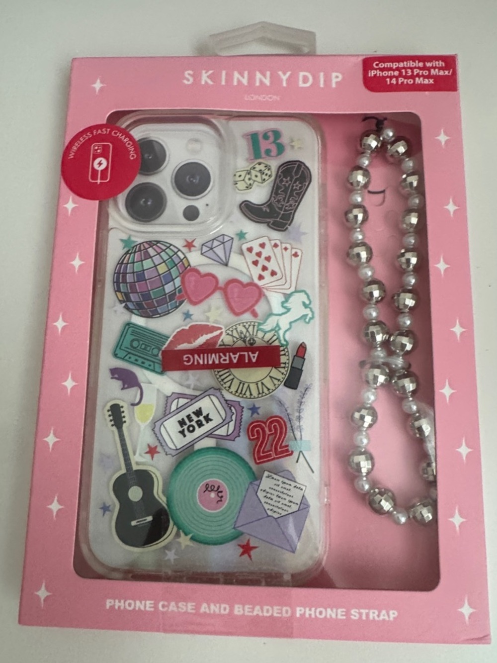 Skinnydip Pink Sticker-Print iPhone Case with Silver Beaded Strap